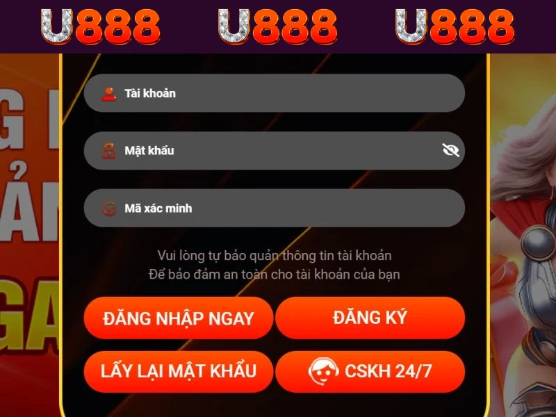 Biểu mẫu đăng nhập U888 yêu cầu điền hai thông tin chính